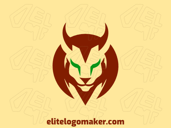 Logotipo disponível para venda com a forma de um gato selvagem com estilo simétrico e com as cores marrom escuro e verde escuro.