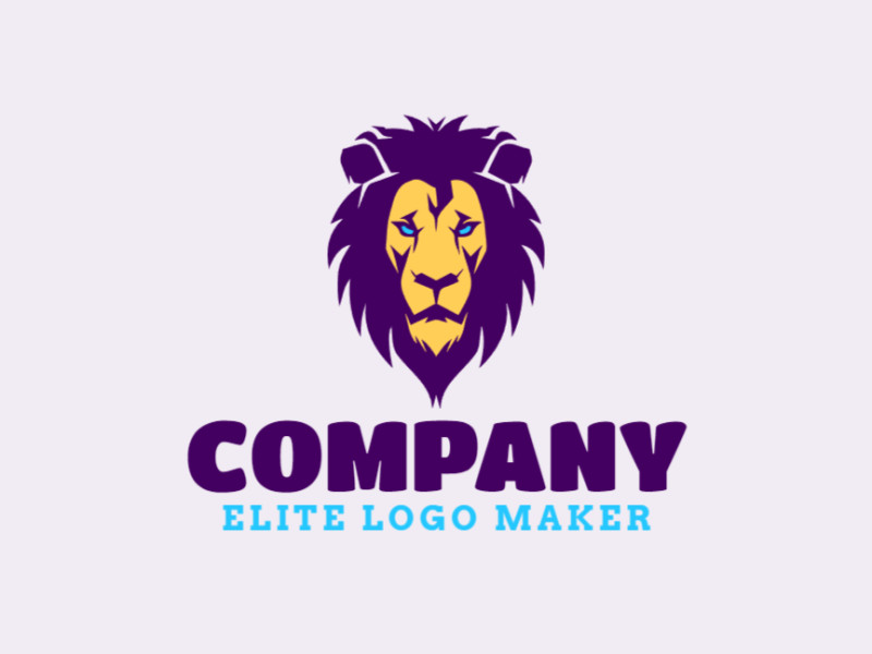 Um logo feroz com um design de leão selvagem, capturando força e vitalidade com vibrantes tons de azul, roxo e amarelo.