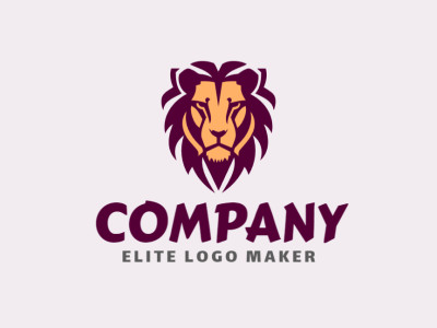 A symmetrical logo design featuring a wild lion in regal purple and dark yellow, symbolizing strength and majesty.