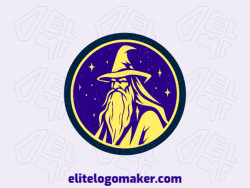 Logotipo customizável com a forma de um bruxo com estilo ilustrativo, as cores utilizadas foi azul escuro e amarelo escuro.