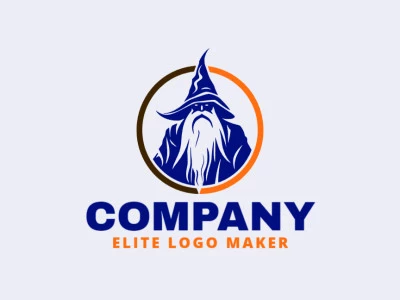 Logotipo personalizable en forma de un mago compuesto por un estilo abstracto y colores naranja, negro, y azul oscuro.