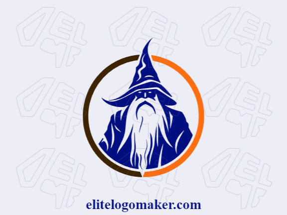 Logotipo customizável com a forma de um mago composto por um estilo abstrato e com as cores laranja, preto, e azul escuro.