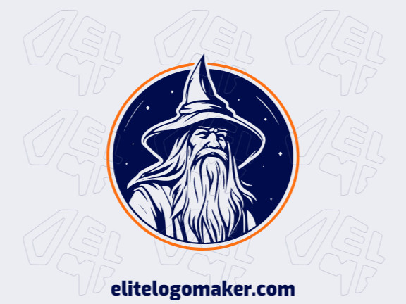 Logotipo customizável com a forma de um mago composto por um estilo ilustrativo e com as cores laranja e azul escuro.