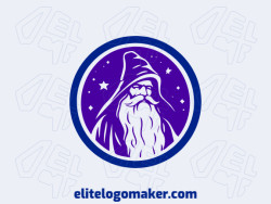 Professional logo in the shape of a wizard with an abstract style, the colors used were purple and dark blue.