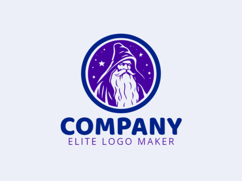 Professional logo in the shape of a wizard with an abstract style, the colors used were purple and dark blue.