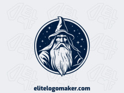 Logo available for sale in the shape of a wizard with a circular style and dark blue color.