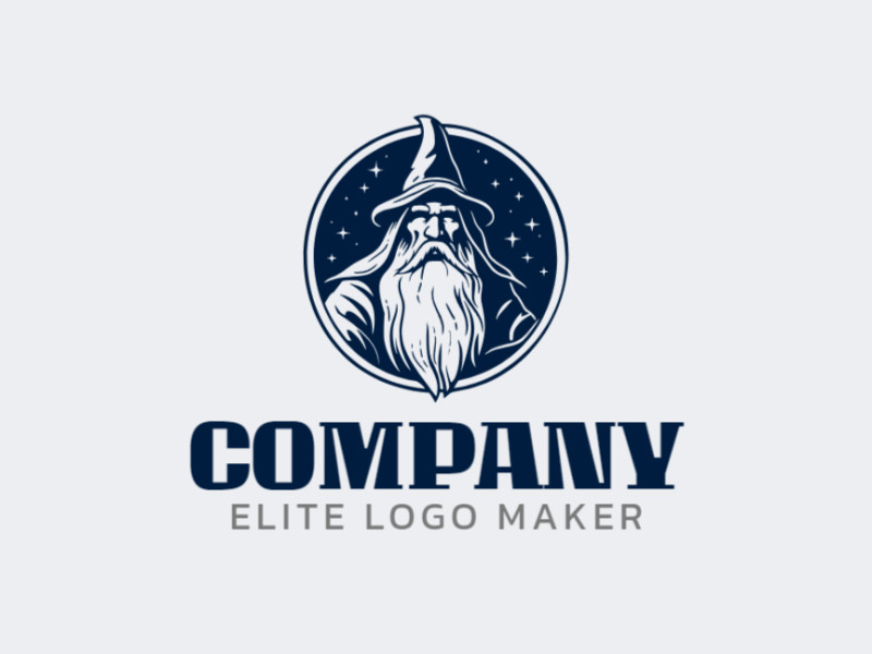 Logo available for sale in the shape of a wizard with a circular style and dark blue color.