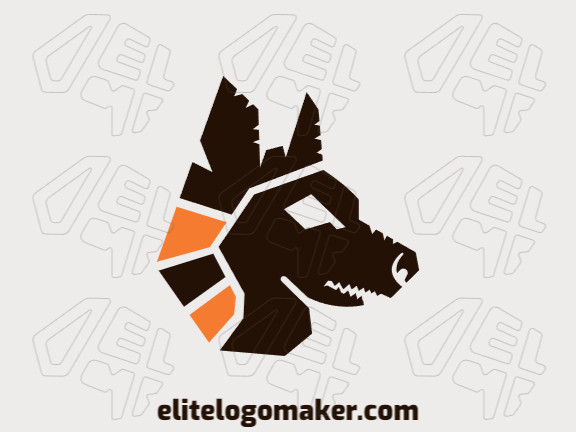 Abstract logo in the shape of a wolf head composed of geometric shapes and refined design, the colors used in the logo are brown and orange.