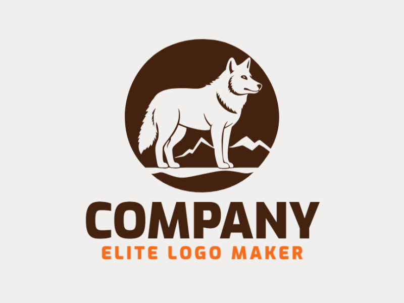 Um logotipo profissional em forma de um lobo com um estilo circular, a cor utilizada foi marrom.