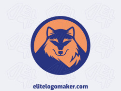 Um logotipo mascote audacioso apresentando um lobo poderoso, representando força e lealdade, em laranja vibrante e azul profundo.