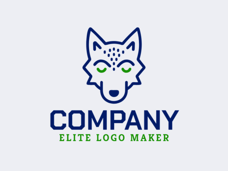 Un sofisticado logotipo monolínea con un diseño de lobo que integra elegantemente los colores verde y azul.