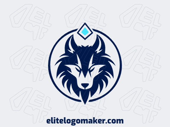 Um design simétrico apresentando uma cabeça de lobo em tons de azul e azul escuro, criando um logotipo elegante e equilibrado.