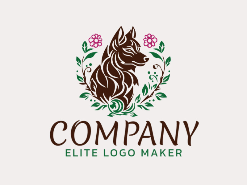Logotipo vetorial em forma de lobo combinado com folhas com desenho ornamental, nas cores verde, marrom e rosa.