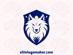Mascot logo with solid shapes forming an wolf combined with a shield with a refined design with blue and white colors.
