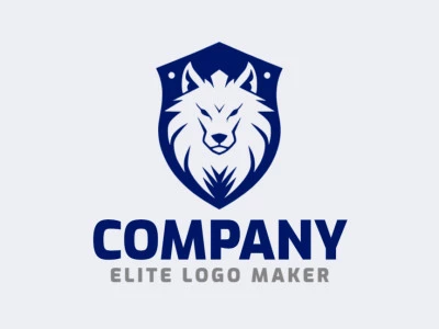 Logotipo mascote com formas sólidas formando um lobo combinado com um escudo com design refinado e com as cores azul e branco.