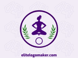 A logo is available for sale in the shape of a woman doing yoga in an abstract style with green and purple colors.
