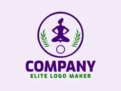 Logotipo disponível para venda com a forma de uma mulher fazendo yoga com estilo abstrato e com as cores verde e roxo.