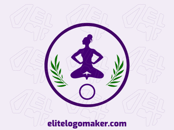 Logotipo disponível para venda com a forma de uma mulher fazendo yoga com estilo abstrato e com as cores verde e roxo.