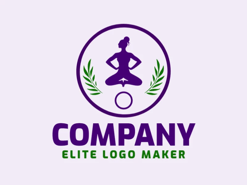 Logotipo disponible para venta en forma de una mujer haciendo yoga con estilo abstracto y colores verde y violeta.