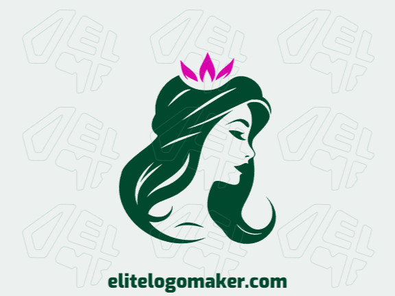 Logotipo customizável com a forma de uma mulher combinado com uma flor composto por um estilo abstrato e com as cores verde e roxo.