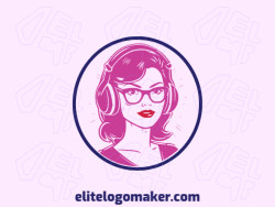 Logo available for sale in the shape of a woman using headphones with an illustrative design with red, pink, and dark blue colors.