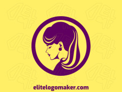 Simple logo created with abstract shapes forming a woman wearing earrings with the color purple.