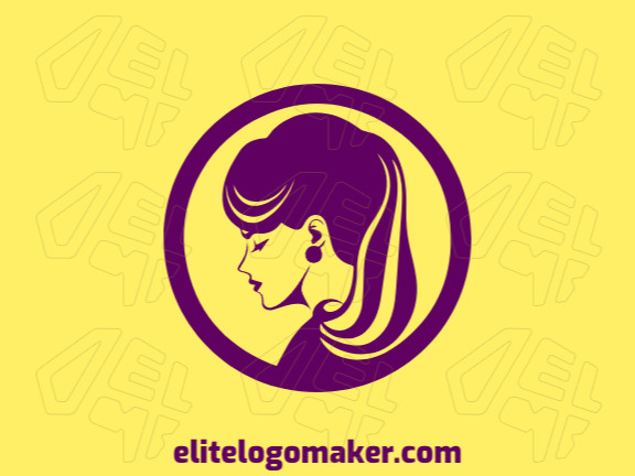 Logotipo simples criado com formas abstratas formando uma mulher usando brinco com a cor roxo.