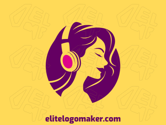 Crie um logotipo ideal para o seu negócio com a forma de uma mulher com fones de ouvido com estilo minimalista e cores customizáveis.