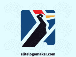 Vector logo in the shape of a woodpecker with abstract style, with blue, red, and yellow colors.