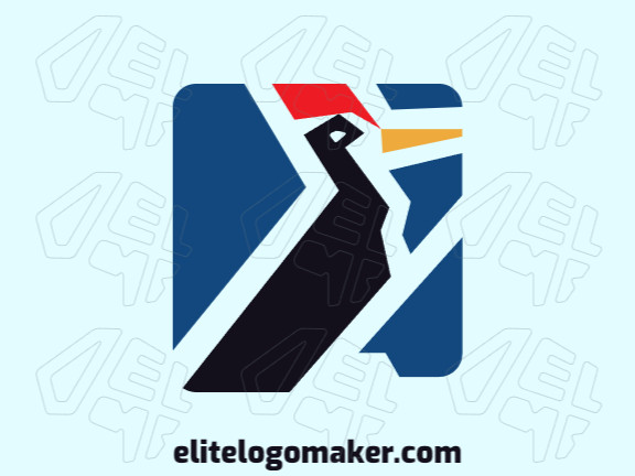 Logotipo vetorial com a forma de um pica-pau com estilo abstrato e com as cores azul, vermelho, e amarelo.