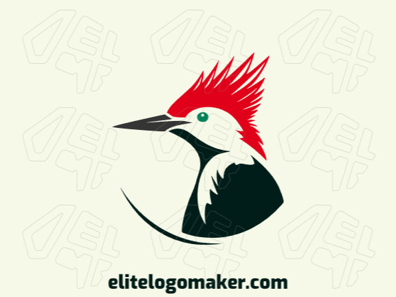 Um logotipo cativante de mascote com um pica-pau animado em uma mistura dinâmica de verde, vermelho e preto, cheio de energia e espírito.