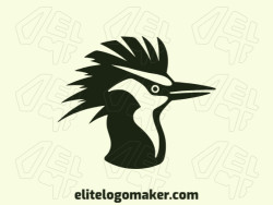 Logo available for sale in the shape of a woodpecker with abstract design and black color.