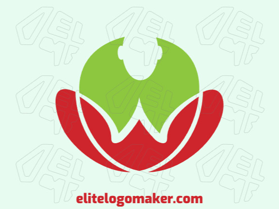 Abstract logo design with a refined design forming a person doing yoga with green and red colors.