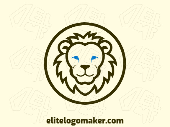 Logotipo vetorial com a forma de um leão jovem com design infantil e com as cores azul e marrom escuro.